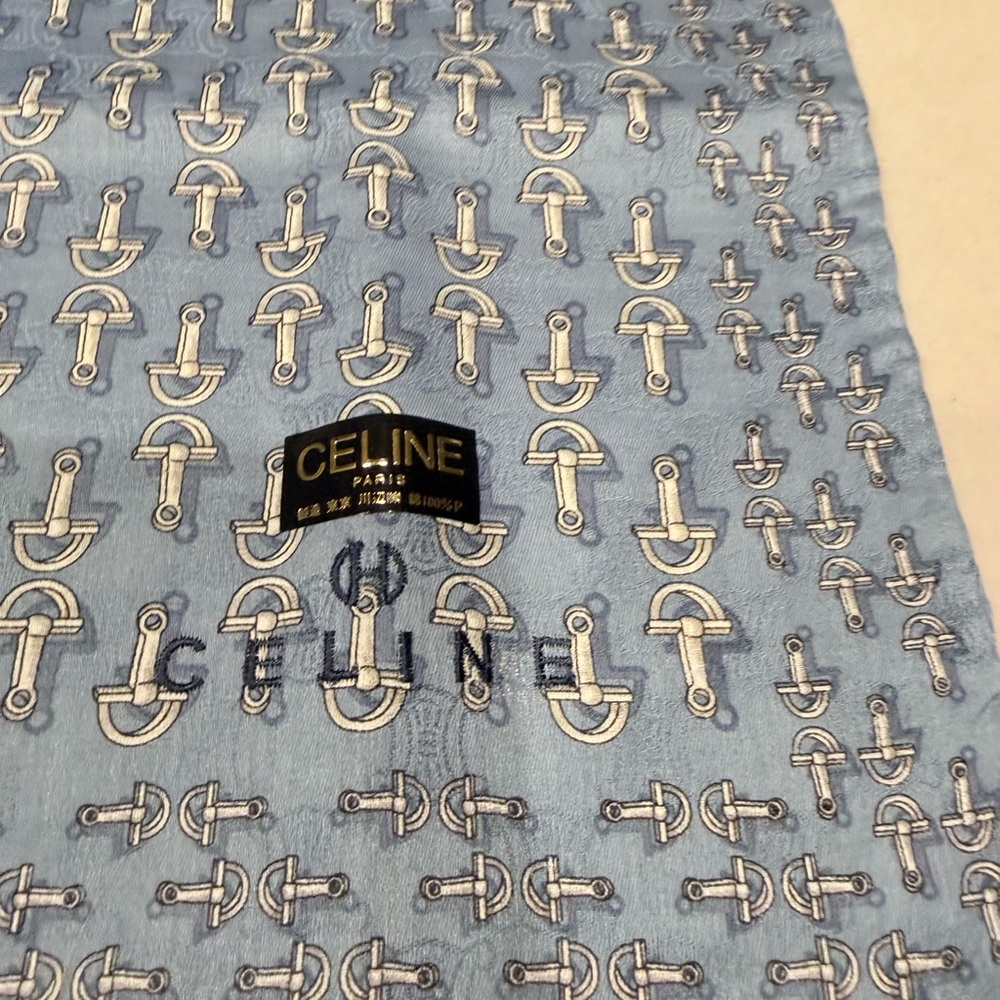 CELINE Mini Square Scarf/Bandana Blue Gray w/ Horse Bits New w/ Tags Japan Made